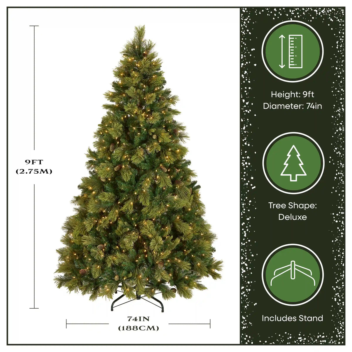 9 ft. Pre-Lit Carolina Pine Tree with Clear Lights with 1200 Clear Lights, Plug-In