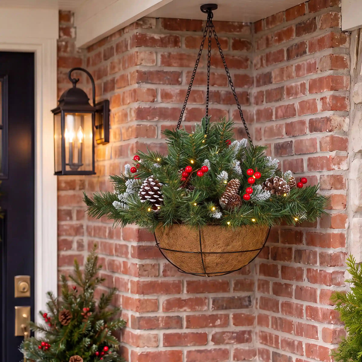 20 in. Pre-Lit Frosted Berry Hanging Basket with Warm White LED Lights