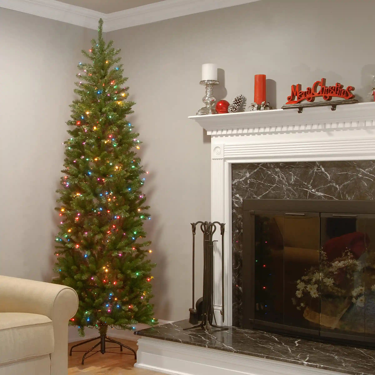 7 ft. Pre-Lit Kingswood Fir Pencil Tree with Multicolor Lights, Plug-In