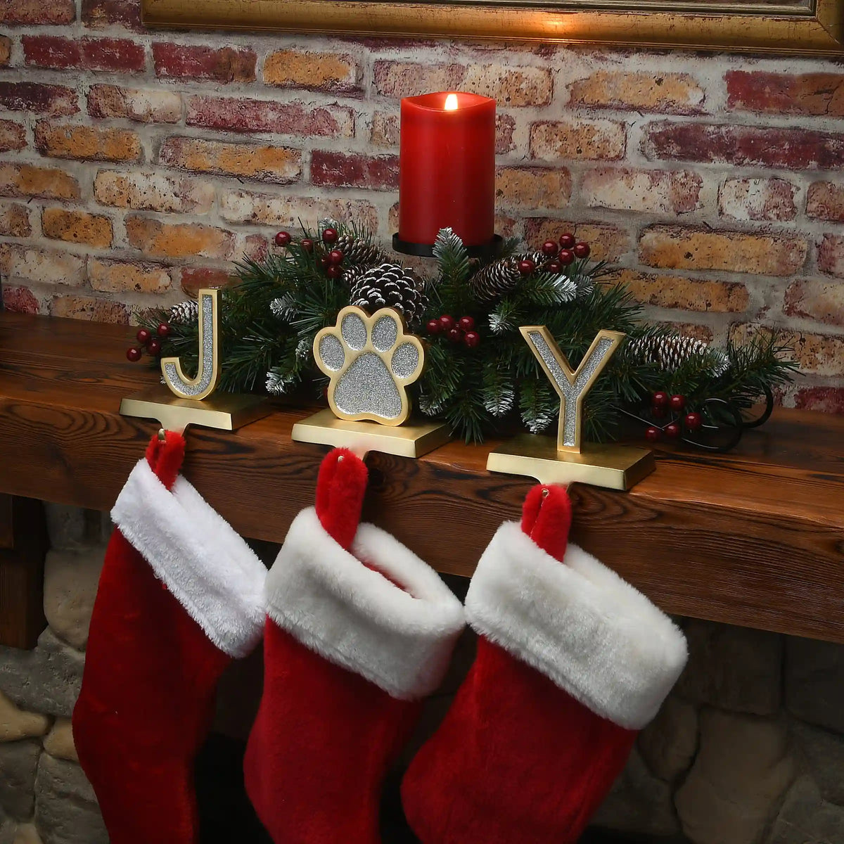 5 in. 3-Piece Silver Sparkle JOY Christmas Stocking Holders, Silver and Gold with Paw Print