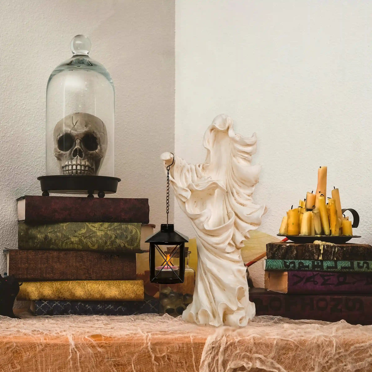 14 in. Halloween Ghost with Lantern Holds One Candle Tabletop Decoration