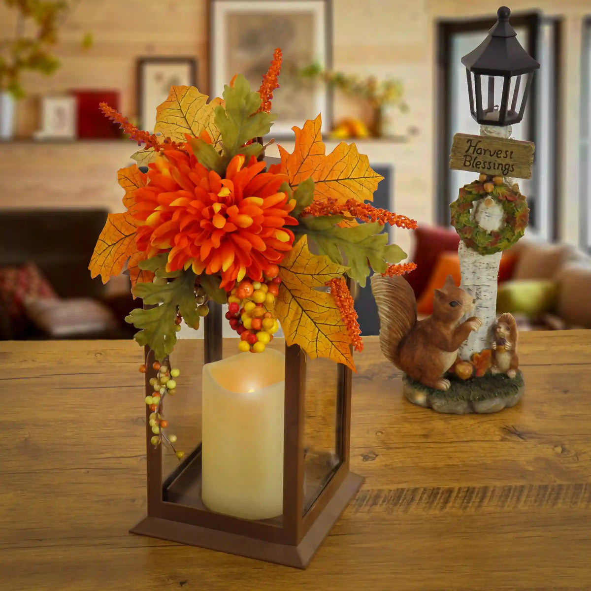 14 in. Fall Lantern with Mum Flower, Mixed Leaves, Berry
