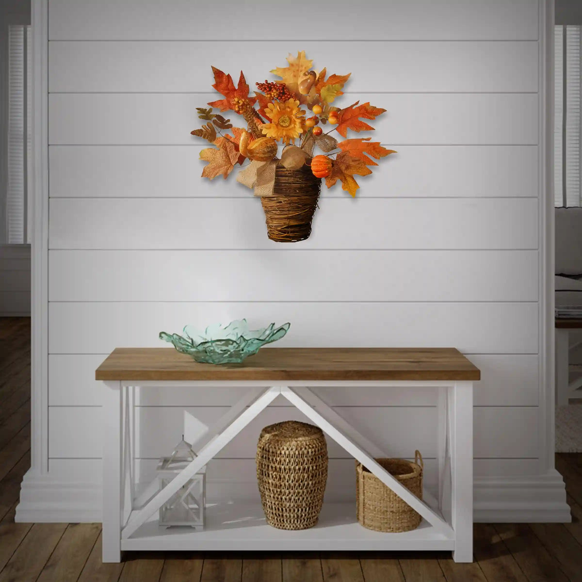 16 in. Fall Flowers in Wicker Basket with Pumpkins, Gourds, Berry Clusters, Burlap, Maple Leaves