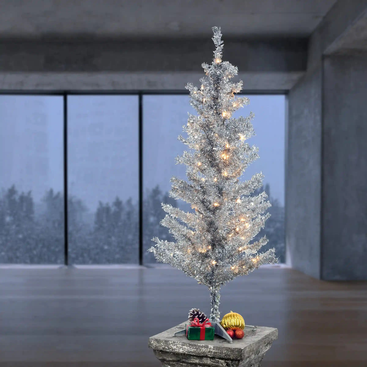 4 ft. Pre-Lit Tinsel Collection Silver Tree with Clear Lights, Plug-In