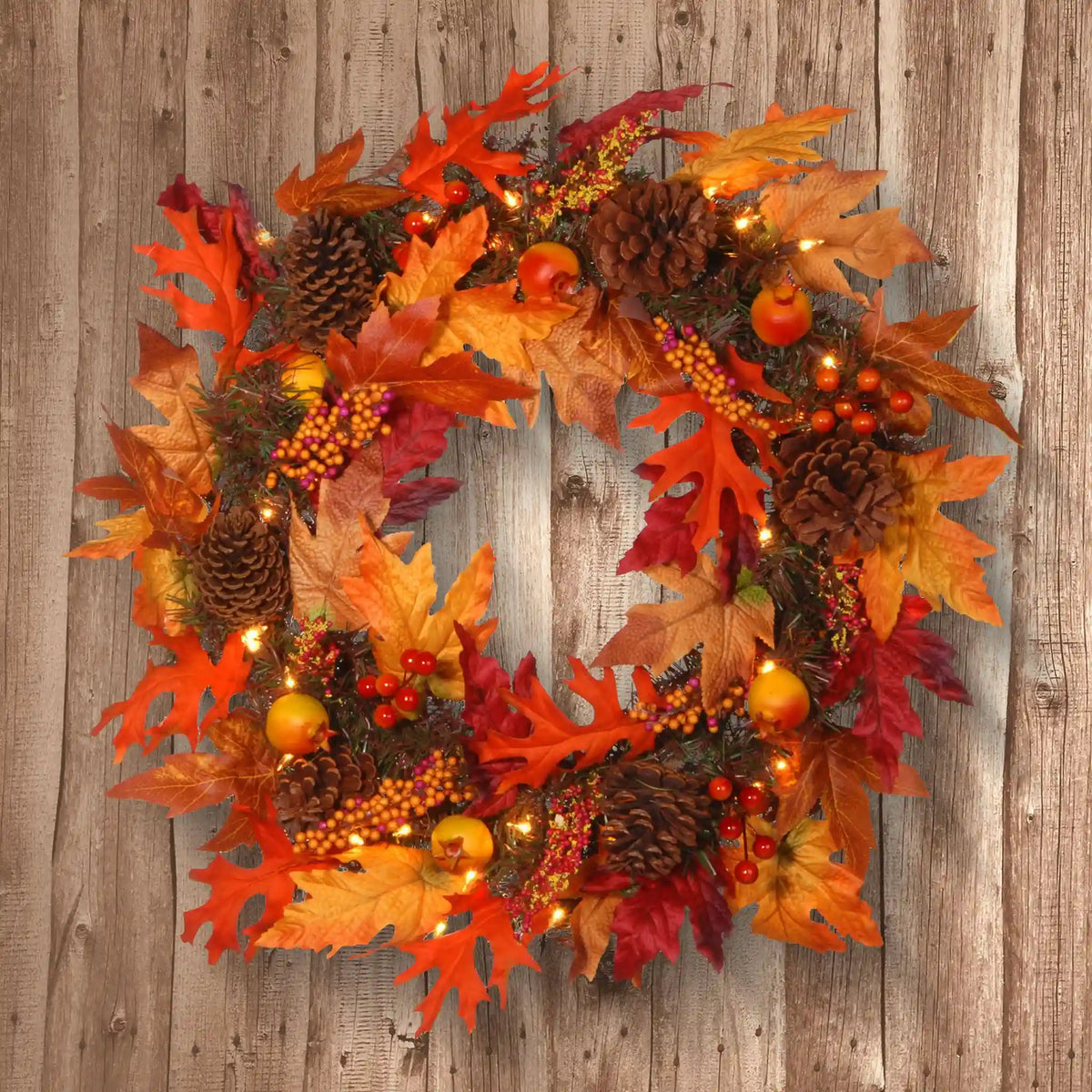 24 in. Pre-Lit Fall Wreath with Gourds, Pinecones, Maple Leaves, Berry Clusters and Lights