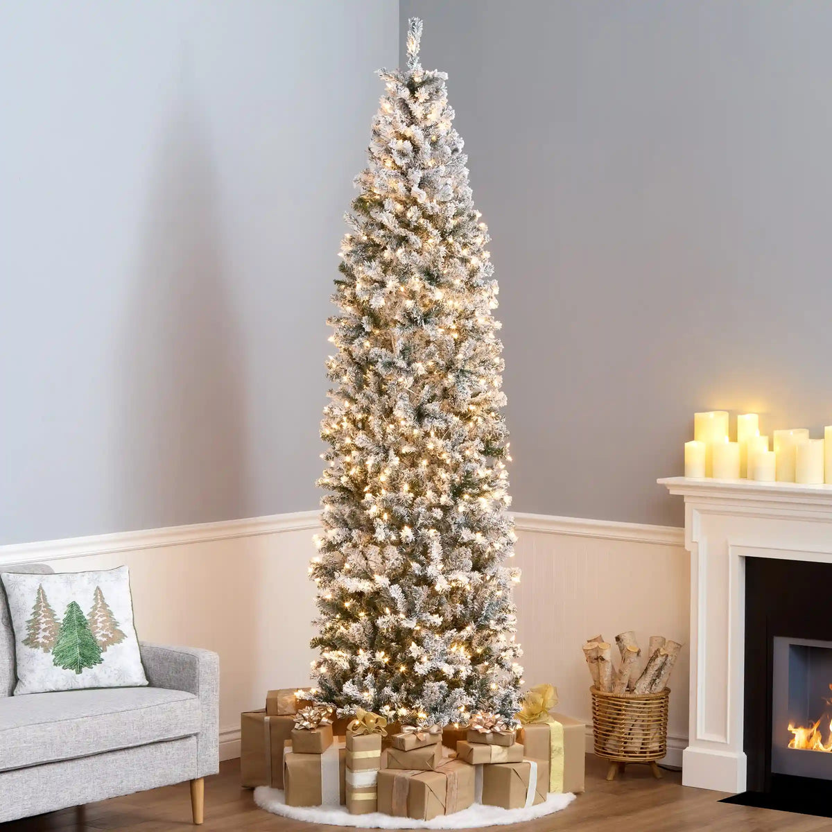 9 ft. Pre-Lit Acacia Flocked Slim Tree with Clear Lights