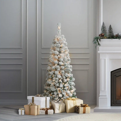 4.5 ft. Pre-Lit Acacia Pencil Slim Flocked Tree with Clear Lights, Plug-In