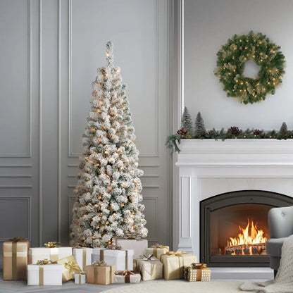 6 ft. Pre-Lit Acacia Pencil Slim Flocked Tree with Clear Lights, Plug-In