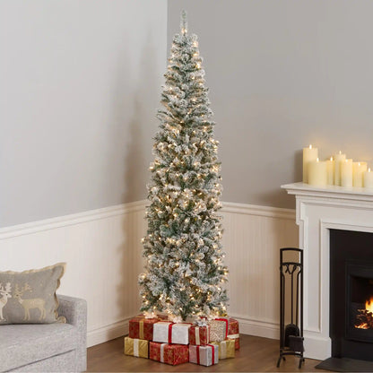 7.5 ft. Pre-Lit Acacia Pencil Slim Flocked Tree with Clear Lights, Plug-In