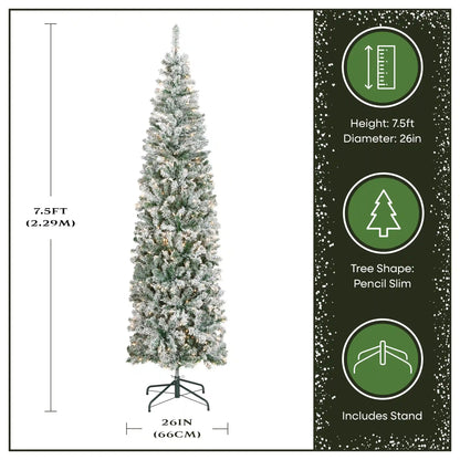 7.5 ft. Pre-Lit Acacia Pencil Slim Flocked Tree with Clear Lights, Plug-In