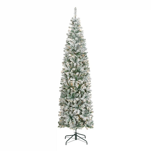7.5 ft. Pre-Lit Acacia Pencil Slim Flocked Tree with Clear Lights, Plug-In
