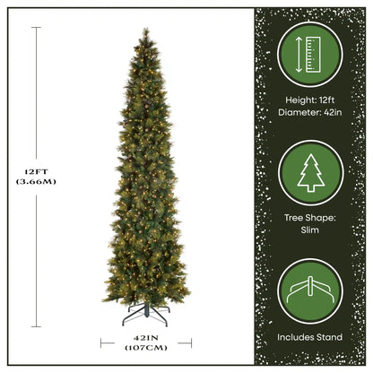 12 ft. Pre-Lit Carolina Pine Slim Tree with Clear Lights, Plug-In