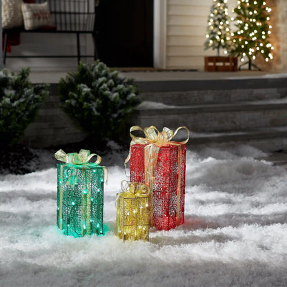 Pre-Lit Multicolor Gift Boxes, Set of Three, White Lights, Plug-In