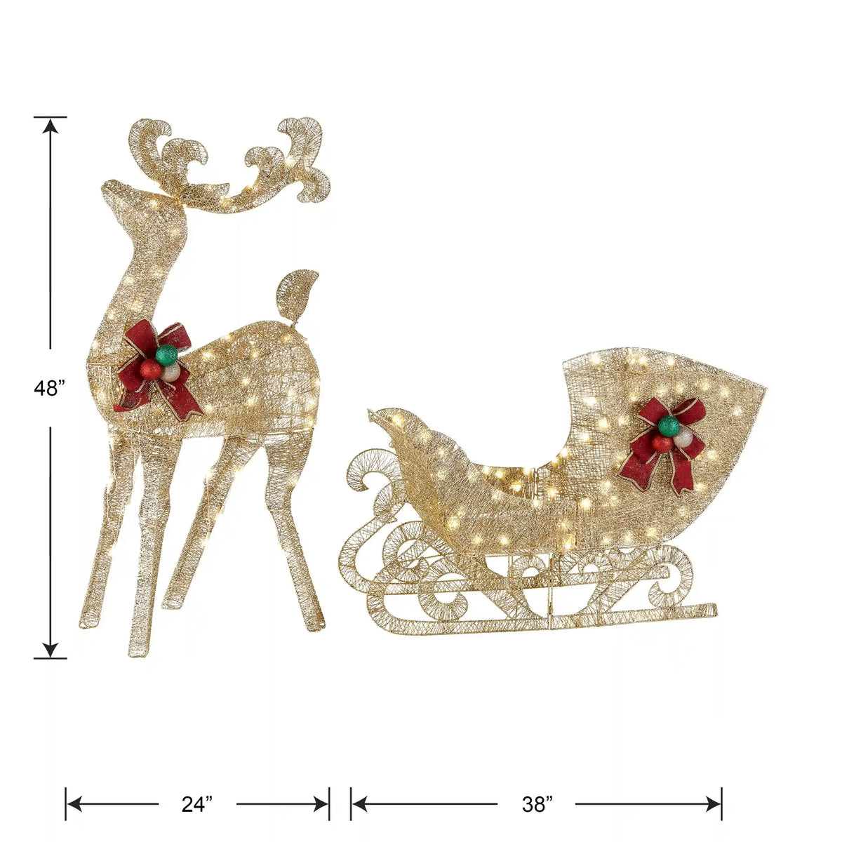 48 in. Champagne Reindeer Pulling 38 in. Sleigh, Plug-In