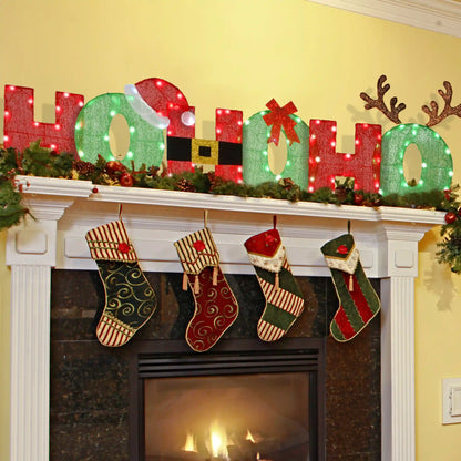 23 in. Tinsel Fabric HO HO HO Sign with Red and Cool White LED Lights, Plug-In