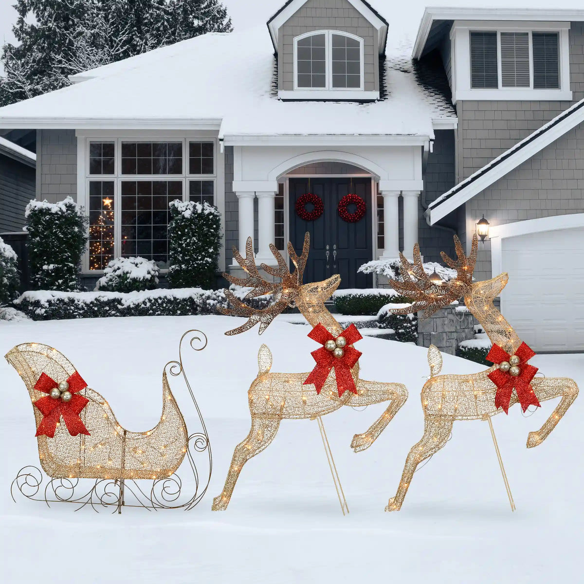 42 in. Glittered Mesh Fabric Deer with 27 in. Sleigh and Lights, Plug-In