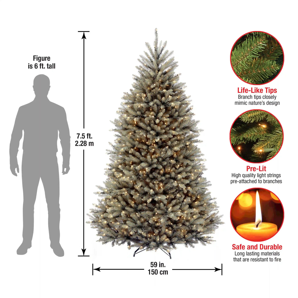 7.5 ft. Pre-Lit Dunhill Fir Snowy Blue Tree with Clear Lights, Plug-In