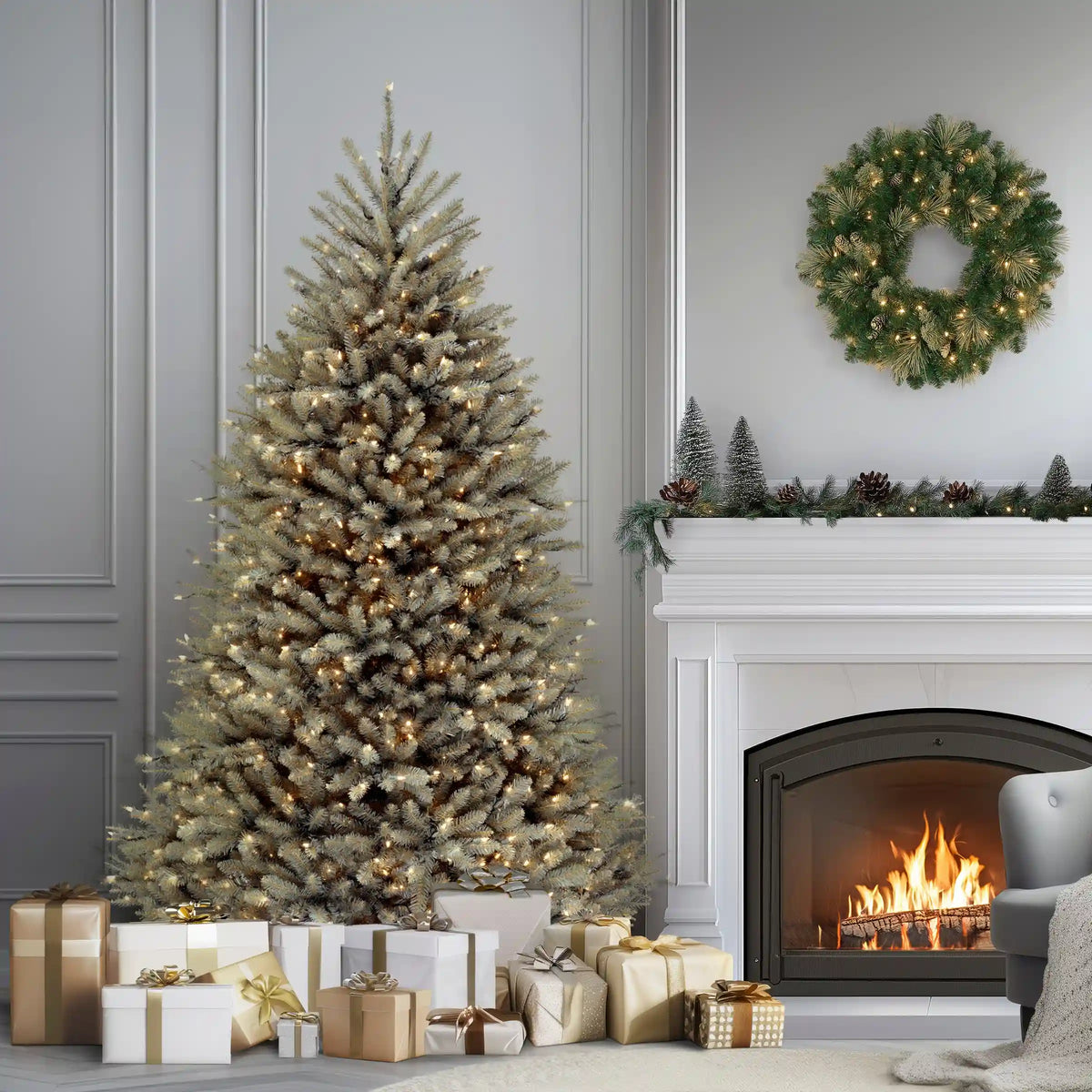 7.5 ft. Pre-Lit Dunhill Fir Snowy Blue Tree with Clear Lights, Plug-In