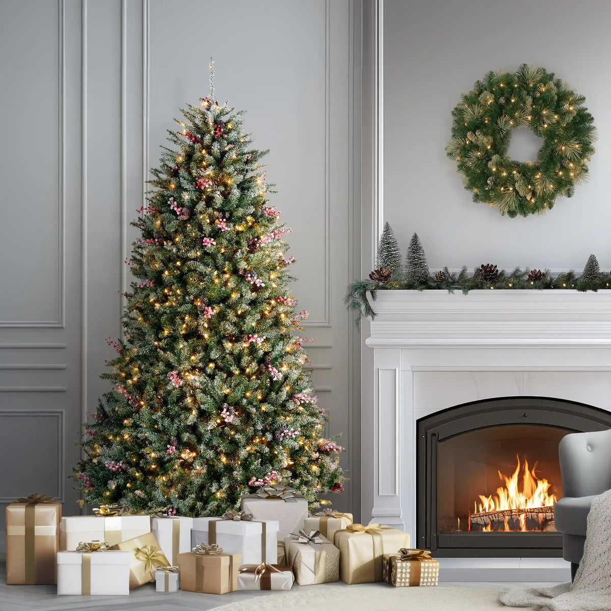 7.5 ft. Pre-Lit Dunhill Fir Flocked Tree with 750 Clear Lights