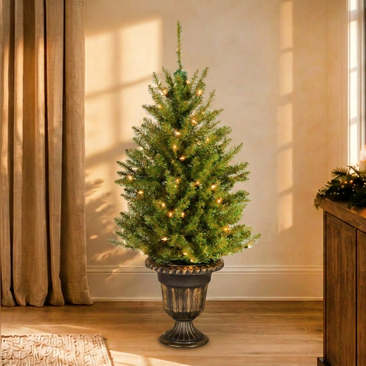 4 ft. Pre-Lit Dunhill Fir Entrance Tree  in Dark Bronze Pot with Clear Lights, Plug-In