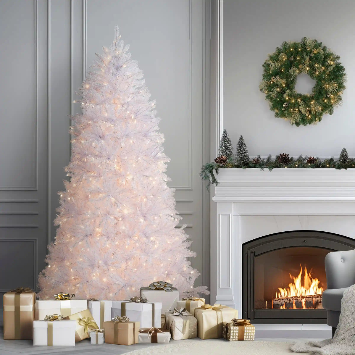 7 ft. Pre-Lit Dunhill Fir White Tree with Clear Lights, Plug-In