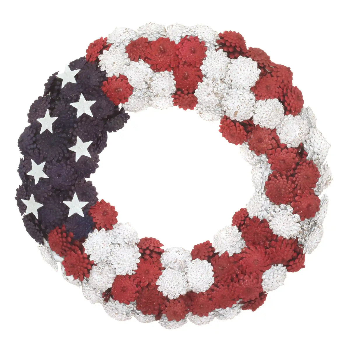 8 in. Patriotic Wreath with Red White and Blue Pine Cones White Stars