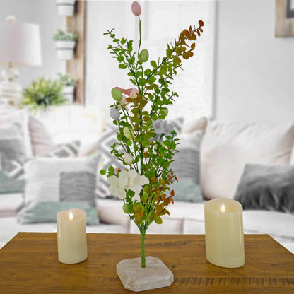 24 in. Easter Decorative Tree Decorated with Pastel Eggs and Flower Blooms, and Wooden Block Base