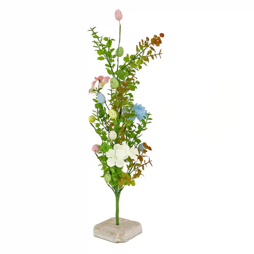 24 in. Easter Decorative Tree Decorated with Pastel Eggs and Flower Blooms, and Wooden Block Base