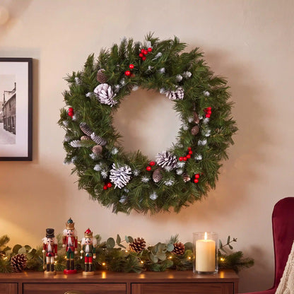 24 in. Frosted Berry Wreath with Pine Cones and Red Berries