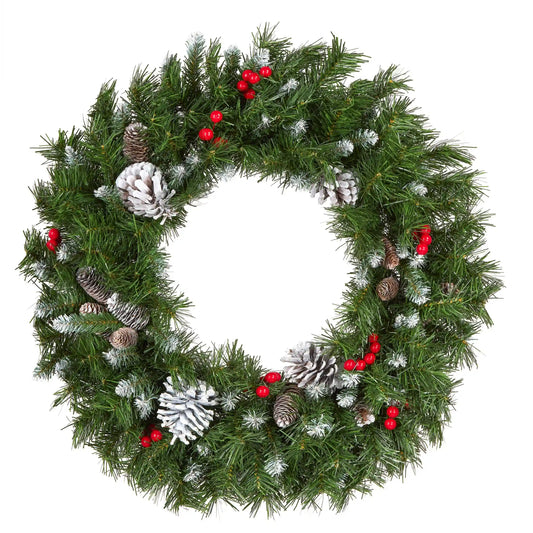 24 in. Frosted Berry Wreath with Pine Cones and Red Berries