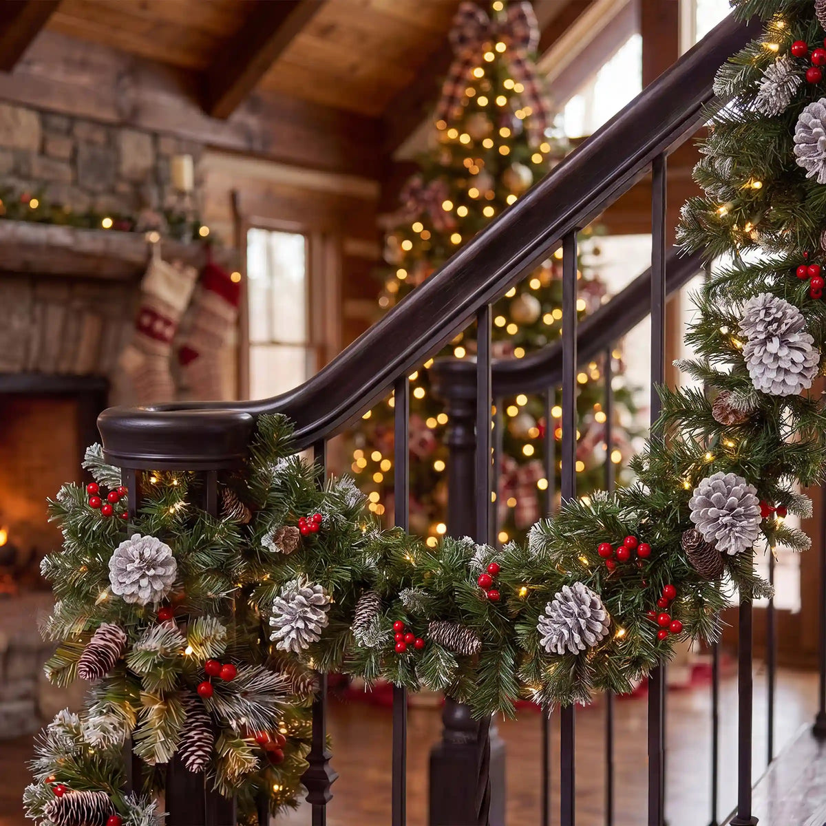 9 ft. Pre-Lit Frosted Berry Garland with Pine Cones, Red Berries and Clear Lights, Plug-In