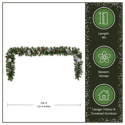 9 ft. Pre-Lit Frosted Berry Garland with Pine Cones, Red Berries and Clear Lights, Plug-In