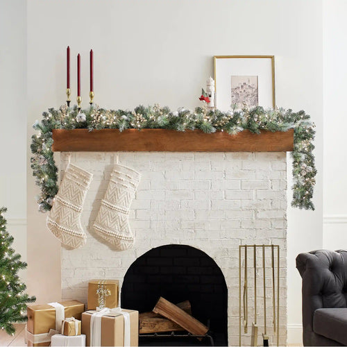 9 ft. Pre-Lit Glittery Pine Pomegranate Garland with Clear Lights, Plug-In