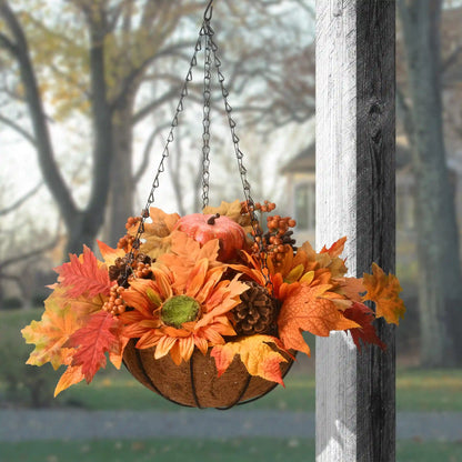 18 in. Fall Hanging Basket with Maple Leaves, Sunflowers, Cones, Berries, Pumpkin