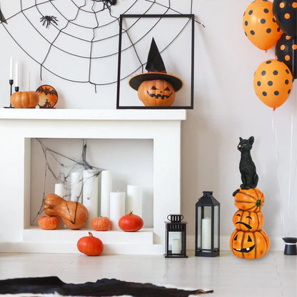 32 in. Halloween Black Cat with Pumpkin Stack Tabletop Decoration