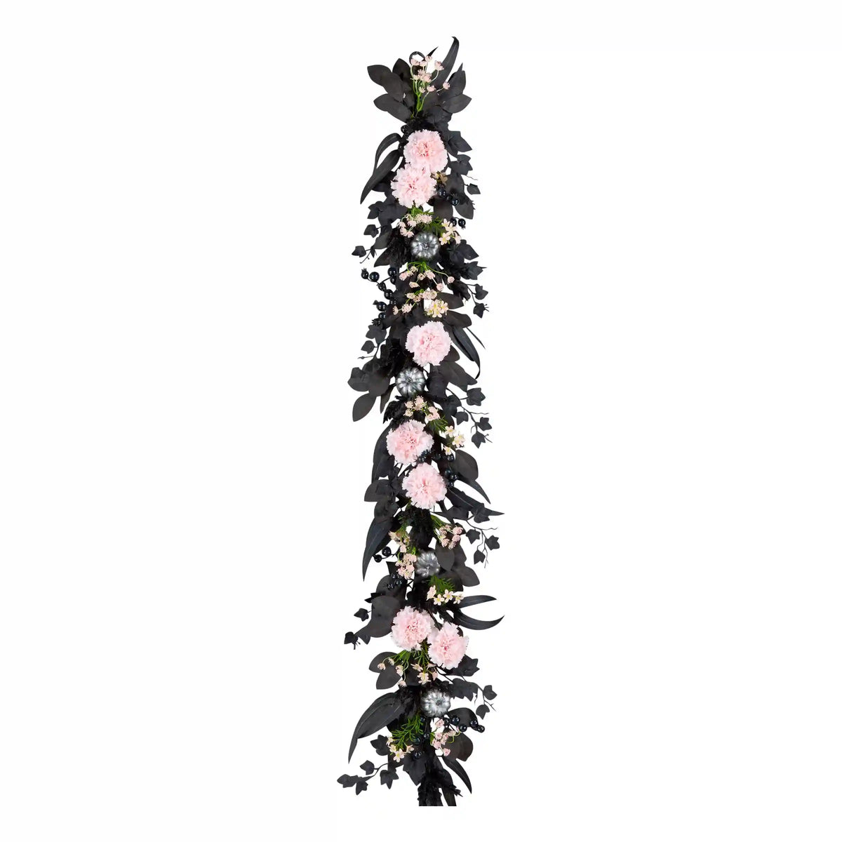 6 ft. Halloween Pretty Morbid Pink Carnation Wreath with Silver Pumpkins