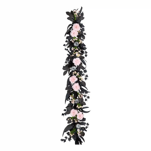 6 ft. Halloween Pretty Morbid Pink Carnation Wreath with Silver Pumpkins