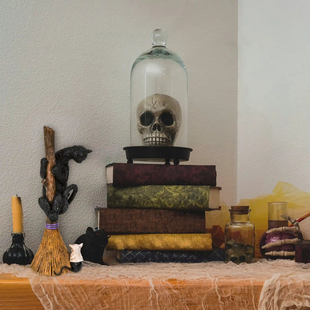 13 in. Halloween Black Cat with a Broom Tabletop Decoration