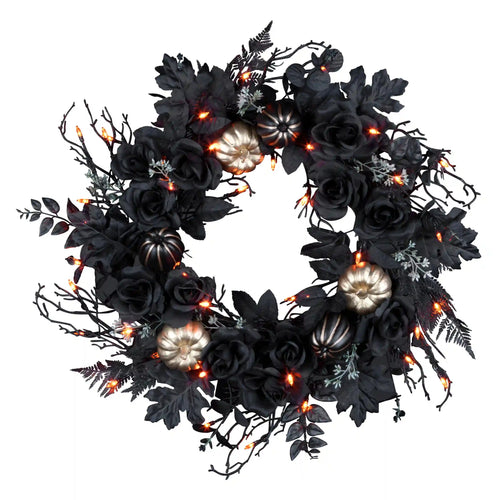 24 in. Halloween Chic Eek Black and Gold Wreath with LED Lights