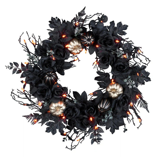 24 in. Halloween Chic Eek Black and Gold Wreath with LED Lights