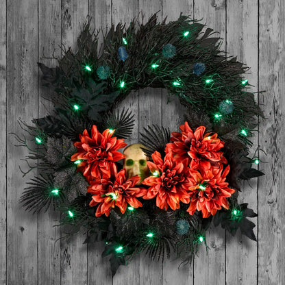 24 in. Halloween Boo-tiful Wreath with Orange Florals and White Skull, LED Lights
