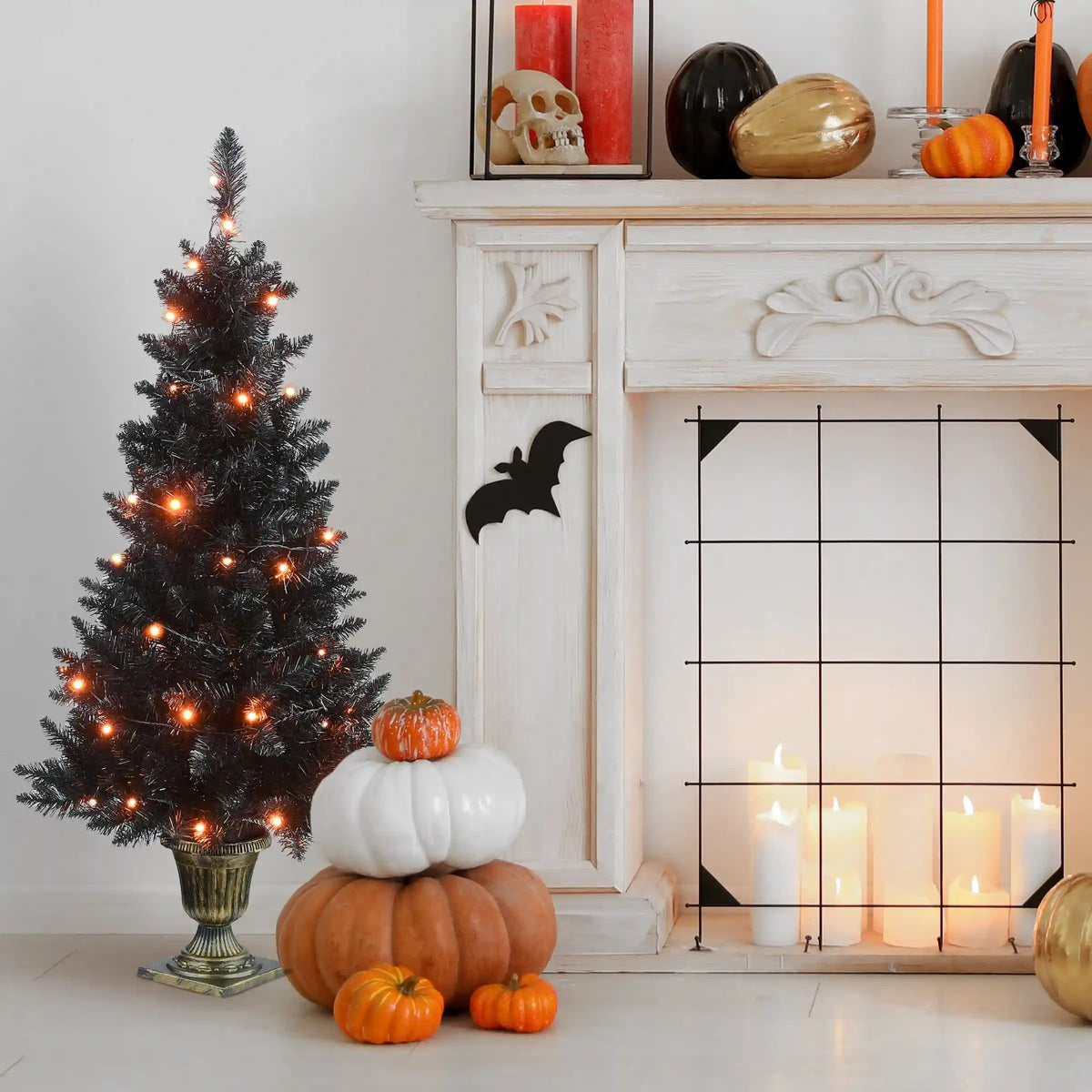 4 ft. Black Entrance Tree with String of Orange Lights, Plug-In
