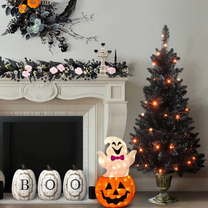 4 ft. Black Entrance Tree with String of Orange Lights, Plug-In