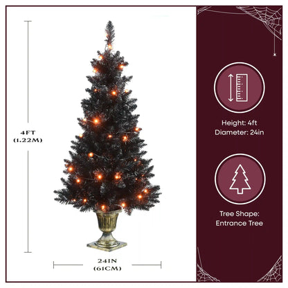 4 ft. Black Entrance Tree with String of Orange Lights, Plug-In