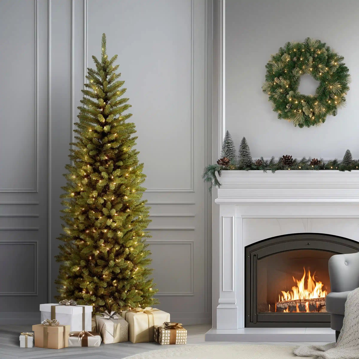 7 ft. Pre-Lit Kingswood Fir Pencil Tree with Clear Lights, Plug-In
