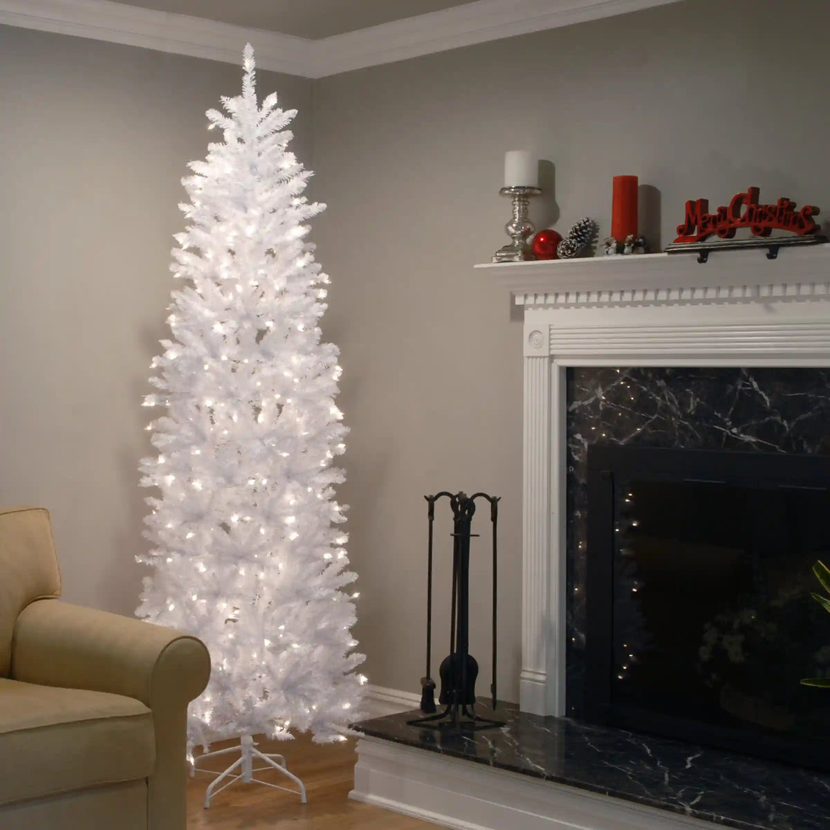 7.5 ft. Pre-Lit Kingswood Fir White Pencil Tree with Clear Lights, Plug-In