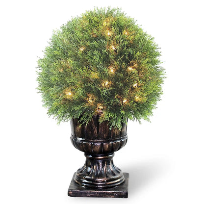 27 in. Pre-Lit Upright Juniper Ball Topiary Tree in a Decorative Urn with Clear Lights