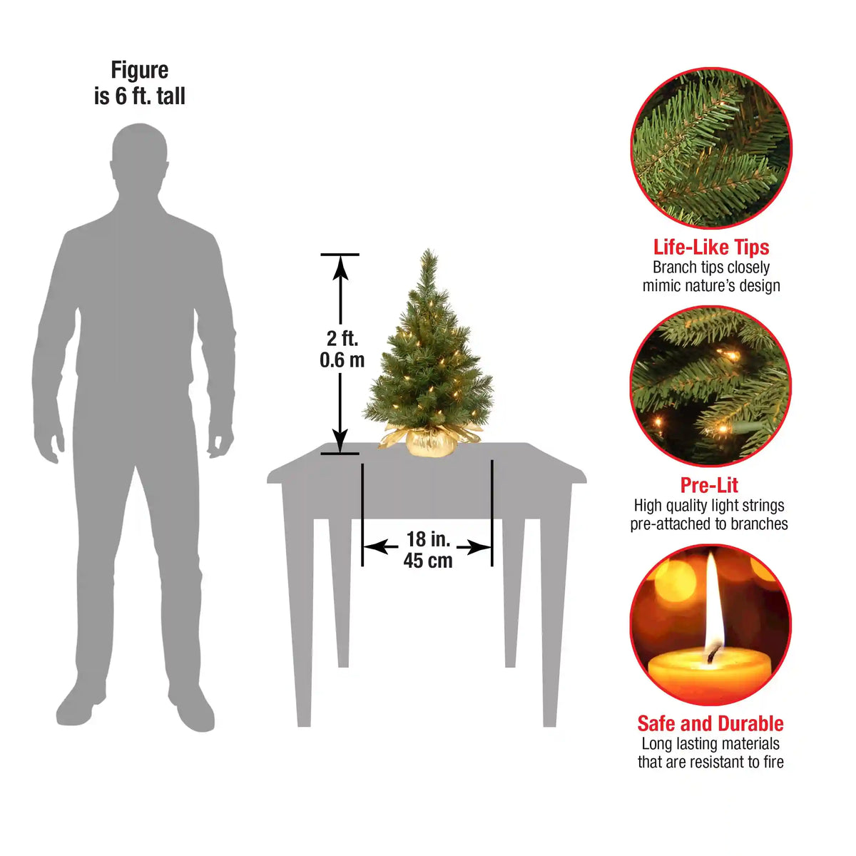 2 ft. Pre-Lit Majestic Fir Tree with Clear Lights, Gold Base, Plug-In