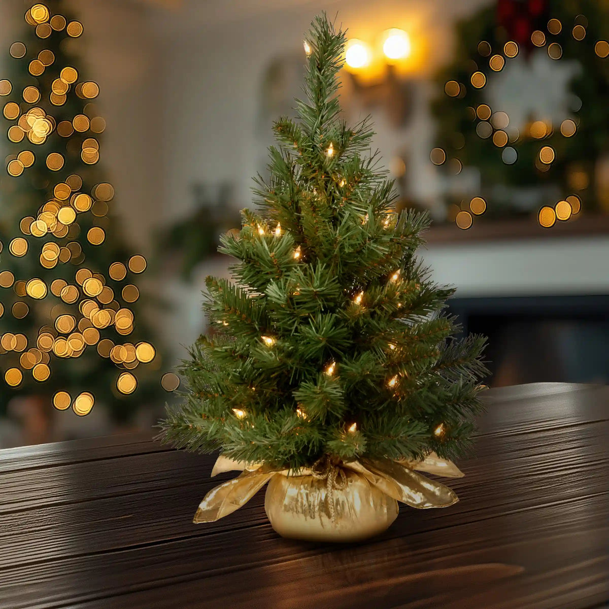 2 ft. Pre-Lit Majestic Fir Tree with Clear Lights, Gold Base, Plug-In