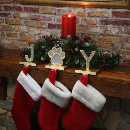 5 in. 3-Piece Silver Sparkle JOY Christmas Stocking Holders, Silver and Gold with Paw Print